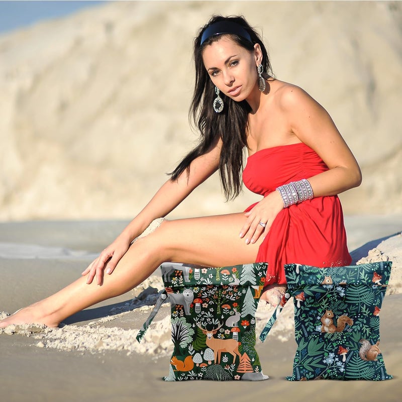 CQM 2Pcs Forest Animal Wet Bags 12x10 Inch, Cottage Core Botanical Waterproof Travel Laundry Bags, Squirrel Fox Wolf Reusable Wet Dry Bag for Swimsuit Pool Beach Diapers Dirty Yoga Gym Clothes - Image 4